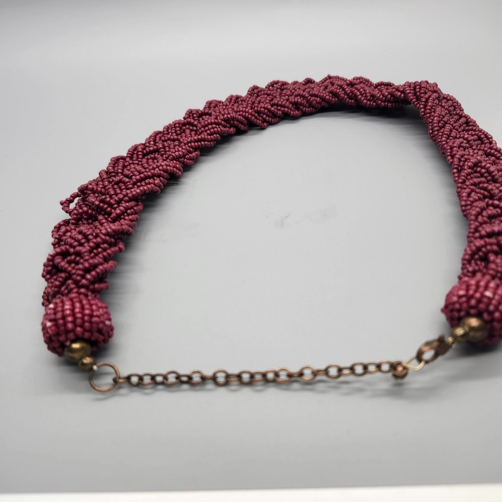Vintage Red Multi Strand Braided Seed Bead Statement Collar Necklace Adjustable - Picture 2 of 2